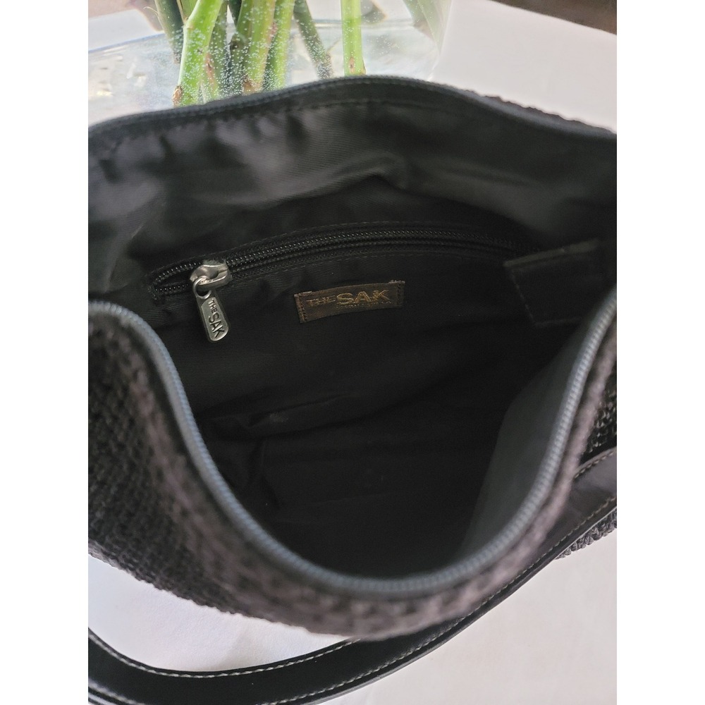 The Sak Black Crochet Shoulder Bag Faux Leather Trim Small Handbag Vintage Style - Picture 2 of 5